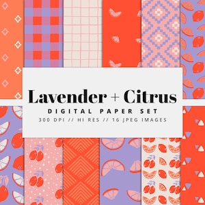 Ensemble de papier numérique Lavande Agrumes, Textures Sans Couture, Motifs Citrons, Arrière-plans Estivaux, Motifs Tendance, Imprimable, Usage Commercial