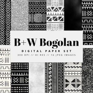Carta digitale Bogolan in bianco e nero, motivi in tessuto di fango, texture africane, carta per album senza soluzione di continuità, ispirata al fatto a mano, download immediato