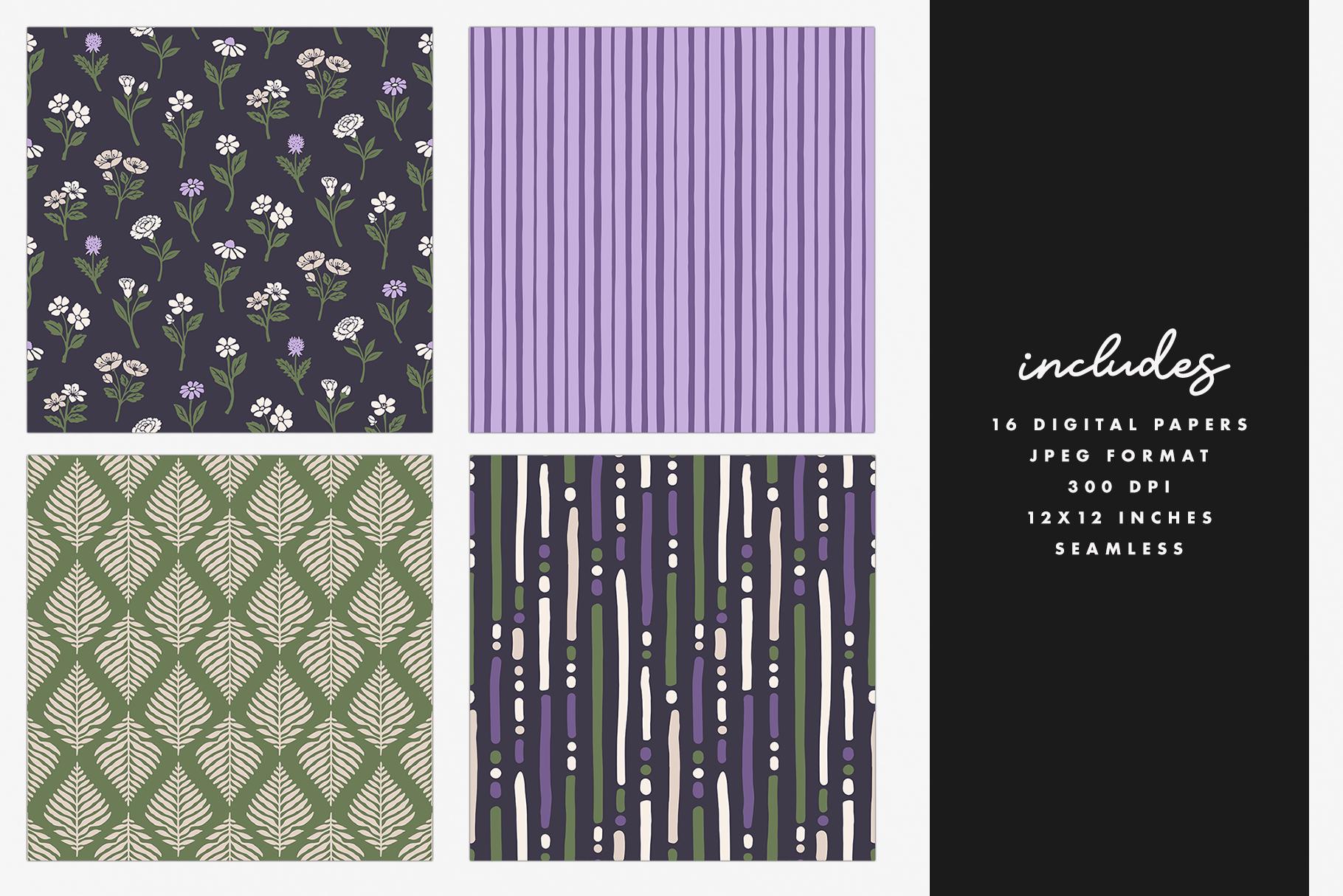 Green and Purple Floral Digital Paper Set, Spring Seamless Trendy ...