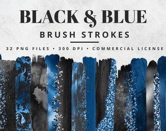 Blue and Black Brush Strokes Clipart, Paint Strokes, PNG, Gold Foil Brush Strokes, Watercolor Brush Strokes, Glitter, Confetti, Clip Art Set