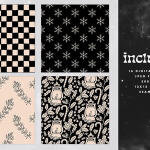 May include: Set of 16 digital papers in a black and white color scheme. The patterns include a checkerboard, snowflakes, pine branches, and a holiday-themed pattern with lanterns, holly, and candy canes. The papers are 12x12 inches and 300 DPI.