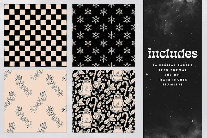 May include: Set of 16 digital papers in a black and white color scheme. The patterns include a checkerboard, snowflakes, pine branches, and a holiday-themed pattern with lanterns, holly, and candy canes. The papers are 12x12 inches and 300 DPI.
