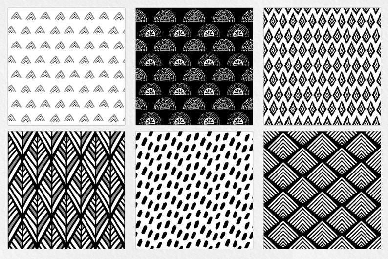 Pu&ograve; includere: Una collezione di sei motivi in bianco e nero. I motivi includono triangoli ripetuti, semicerchi, diamanti, forme a foglia, trattini e motivi geometrici a spina di pesce. Adatto a varie applicazioni.