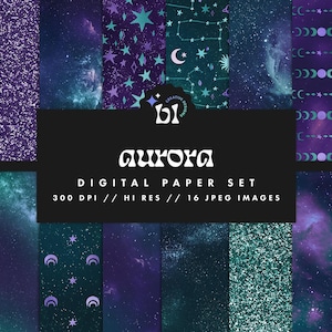 Aurora Galaxy digitaal papier, patronen van de hemelse ster, ruimte plakboekpapier, sterrenbeeld achtergronden, naadloze texturen, Instant Download