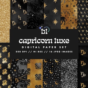 Zwart en goud Steenbok digitaal papier, sterrenbeeldpatroon, horoscoop ongewenste dagboek, sterrenbeeld achtergrond, naadloze textuur, Instant Download