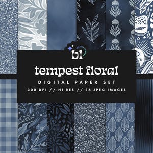 Puede incluir: Un conjunto de papeles digitales con 16 imágenes de alta resolución que presentan patrones florales azules y blancos, diseños geométricos y texturas. El conjunto incluye una variedad de estilos, que incluyen cuadros, purpurina y hojas. El texto "tempest floral" se muestra en negrita.
