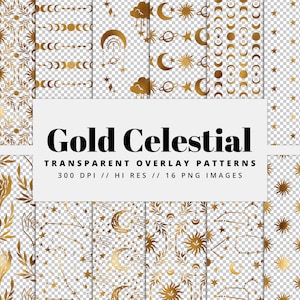 Gold Galaxy Transparent Overlay Patterns, Overlay Digital Paper, Seamless Patterns, Celestial, Overlay Background, Printable, Commercial Use