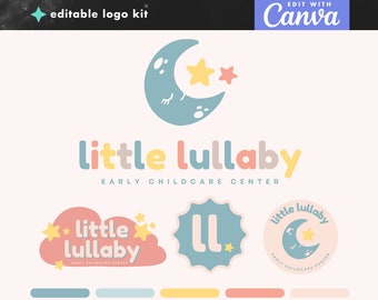 Puede incluir: Un kit de logo para una guardería llamada "Little Lullaby". El logotipo presenta una luna creciente azul con una estrella amarilla y una estrella rosa. El texto "Little Lullaby" está en una fuente colorida con las palabras "Early Childcare Center" debajo. Hay tres variaciones del logotipo, que incluyen una nube con estrellas, un círculo con las iniciales "LL" y un círculo con una luna y una estrella.