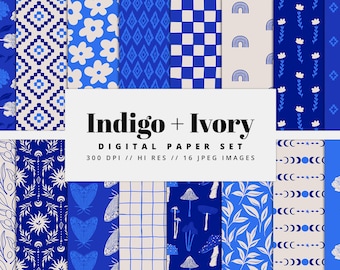Indigo Ivory Digital Paper Set, Seamless Textures, Floral Patterns, Doodle Backgrounds, Botanical Patterns, Printable, Commercial Use