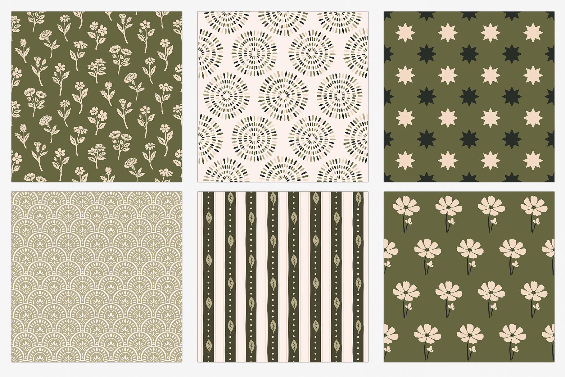 Sage Green Floral Digital Paper Set, Botanical Seamless Trendy Patterns ...