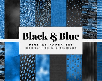 Black & Blue Foil Digital Paper, Seamless Textures, Scrapbook and Planner Backgrounds, Commercial Use JPGs, Printable Pape