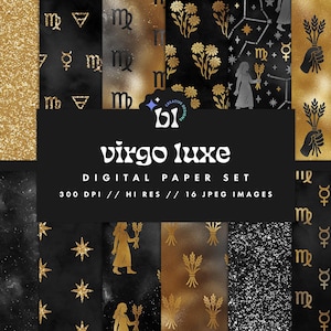 Zwart en goud Maagd digitaal papier, sterrenbeeldpatroon, horoscoop plakboekpapier, sterrenbeeld achtergrond, naadloze textuur, Instant Download