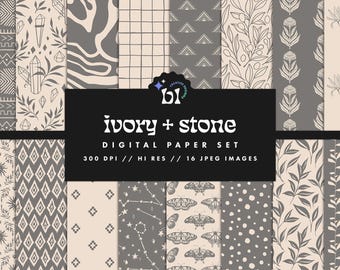 Gray and Ivory Digital Paper Pack - Seamless Boho Doodle Patterns for Scrapbooking & Junk Journals - Commercial Use Printable Backgrounds