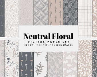 Neutral Floral Digital Paper Set, Seamless Textures, Flower Patterns, Spring Backgrounds, Gray Patterns, Printable, Commercial Use