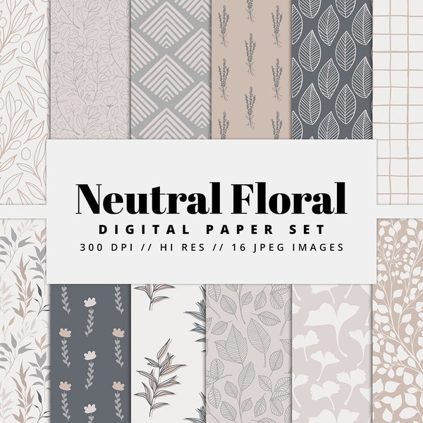 Neutral Floral Digital Paper Set, Seamless Textures, Flower Patterns, Spring Backgrounds, Gray Patterns, Printable, Commercial Use