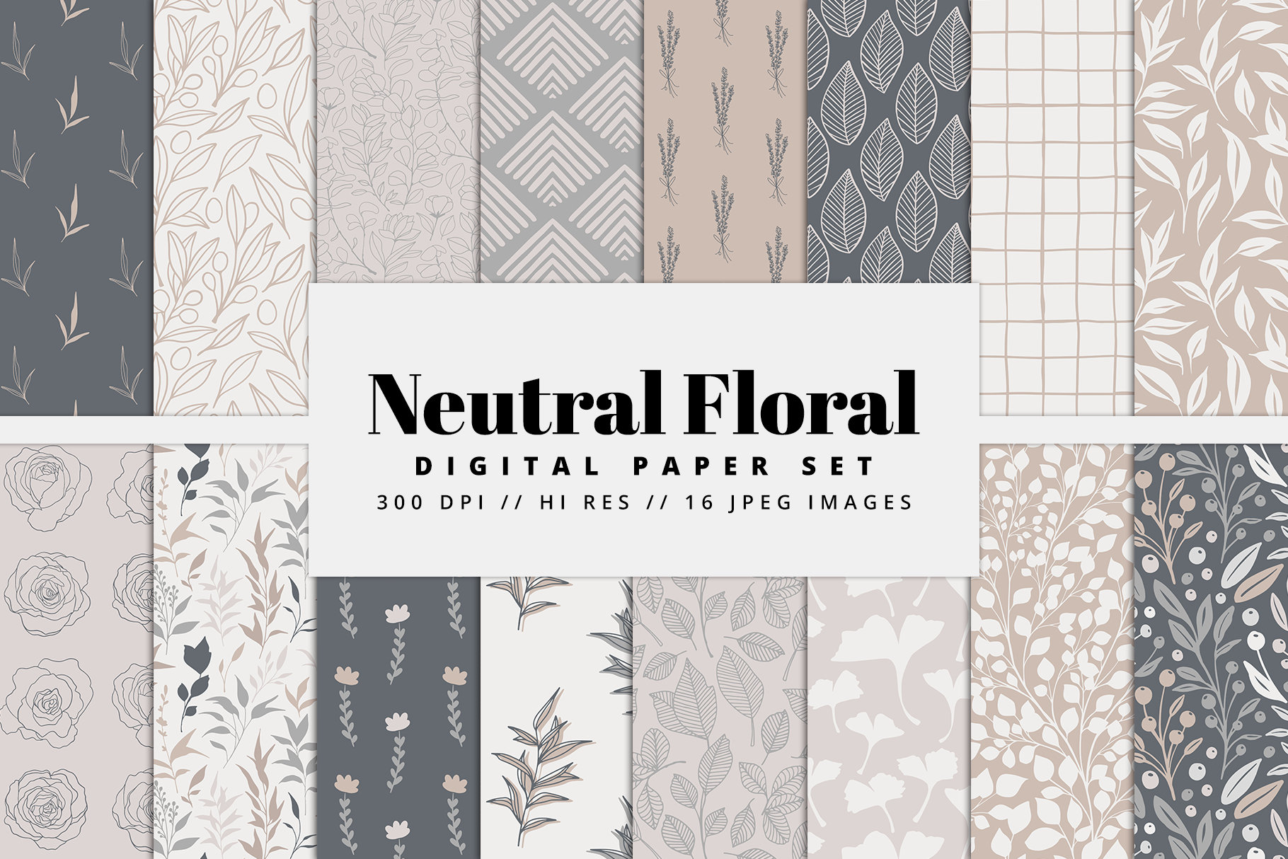 Neutral Floral Digital Paper Set, Seamless Textures, Flower Patterns ...