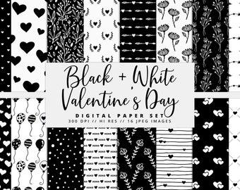Black & White Valentine's Day Digital Paper, Valentine, Hearts, Floral Digital Paper, Printable, Instant Download, Commercial Use
