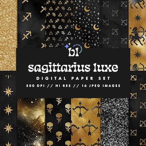Zwart-goud Boogschutter digitaal papier, dierenriempatroon, horoscoop ongewenste dagboek, sterrenbeeld achtergrond, naadloze textuur, Instant Download