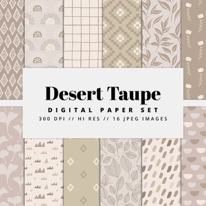 Desert Taupe Digital Paper Set, Seamless Textures, Floral Patterns, Doodle Backgrounds, Botanical Patterns, Printable, Commercial Use