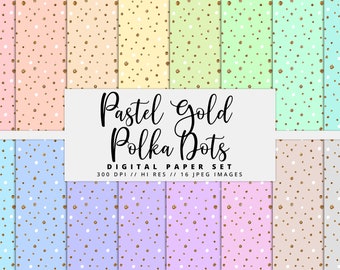 Pastel Gold Foil Polka Dots Digital Paper, Pastel Backgrounds, Gold Glitter, Rainbow, Printable, Instant Download, Commercial Use