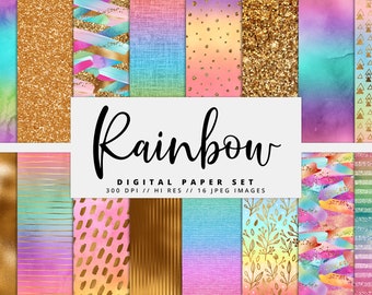 Rainbow Gold Digital Paper, Seamless Patterns, Pastel Digital Paper, Instant Download