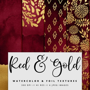 Red & Gold Foil Watercolor Digital Paper, Watercolor Textures, Watercolor Backgrounds, Printable, Instant Download, Gold, Commercial Use