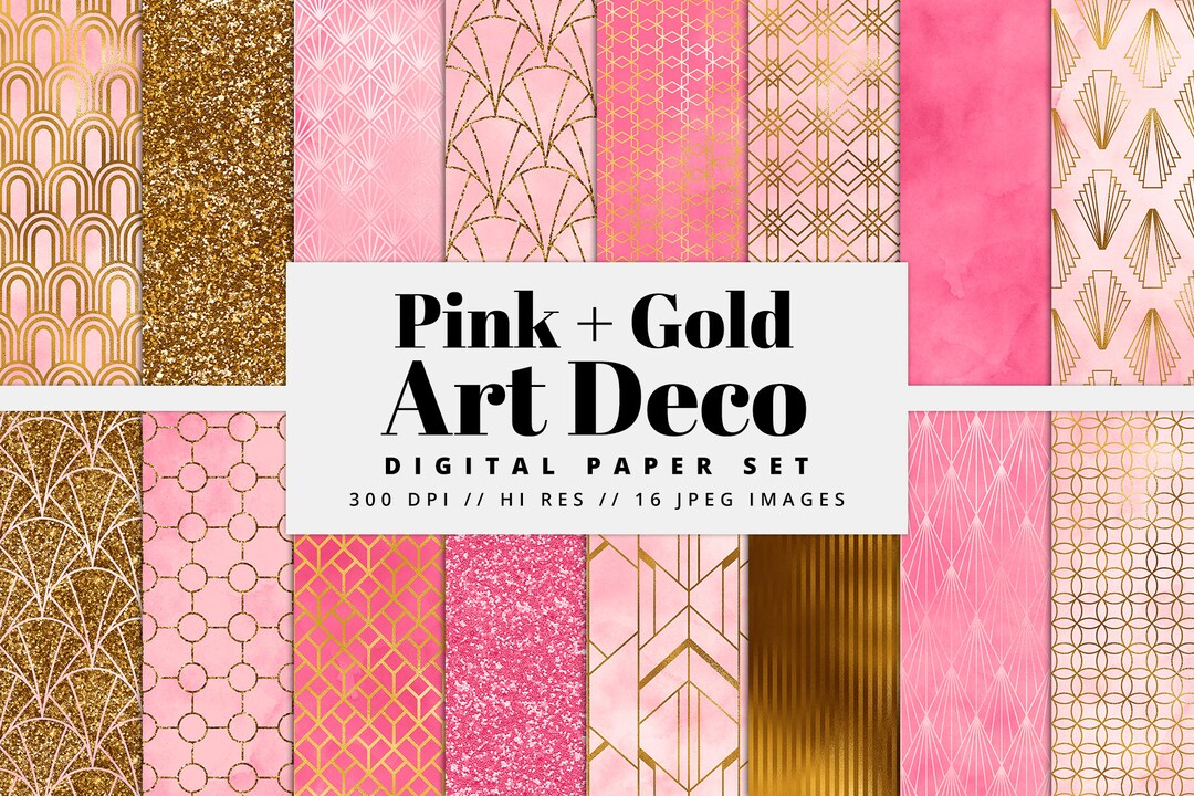 Art Deco Digital Paper, Pink and Gold Deco, Seamless Backgrounds ...