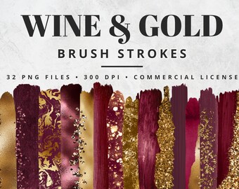 Imágenes prediseñadas de pinceladas de vino y oro, pinceladas de pintura, PNG, pinceladas de lámina dorada, pinceladas de acuarela, purpurina, confeti, conjunto de imágenes prediseñadas