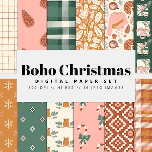 Boho Weihnachten nahtlose digitales Papier-Set, nahtlose Hintergrundtexturen, Urlaub Muster, florale Hintergründe, trendige Muster, printable