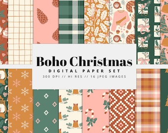 Set di carte digitali senza soluzione di continuità per Natale in stile boho, texture di sfondo senza soluzione di continuità, motivi festivi, sfondi floreali, motivi di tendenza, stampabili