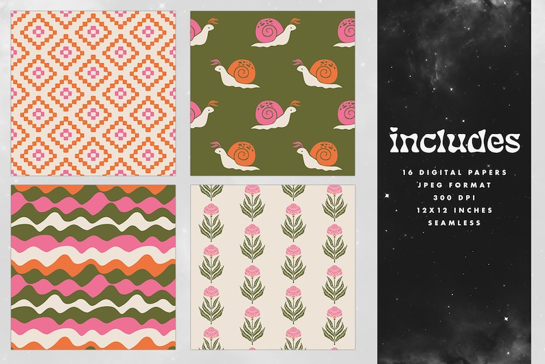 Pink Orange Digital Paper Set, Retro Seamless Textures, Floral Patterns ...