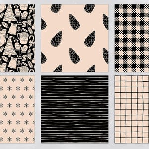 May include: Set of 9 digital paper patterns in black and cream colors. The patterns include snowflakes, pine cones, stripes, plaid, and a Christmas-themed pattern with mugs, candy canes, and ornaments.