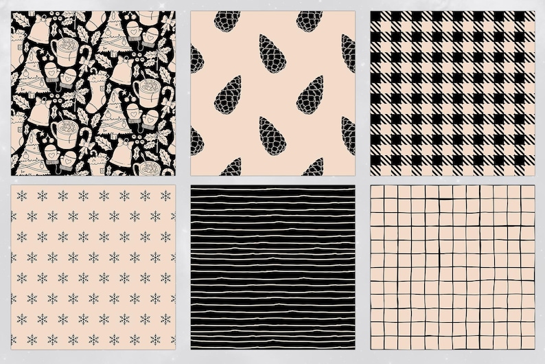 May include: Set of 9 digital paper patterns in black and cream colors. The patterns include snowflakes, pine cones, stripes, plaid, and a Christmas-themed pattern with mugs, candy canes, and ornaments.