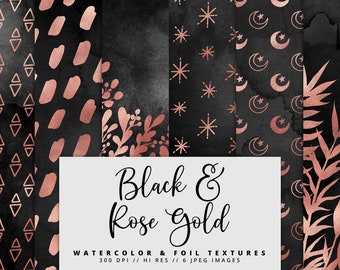 Black and Rose Gold Foil Watercolor Digital Paper, Watercolor Textures, Watercolor Backgrounds, Printable, Rose Gold, Commercial Use