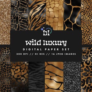 Papel digital com estampa animal preta e dourada, padrões de animais, papel para scrapbook de safári, fundos de tigre, texturas sem costura, download instantâneo
