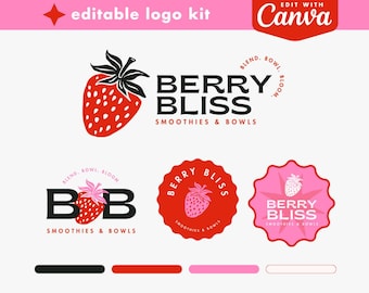 DIY Canva Logo Template - Berry Editable Logo - Strawberry Logo Design - Smoothie Logo Design - Fruit Branding Kit - OR01