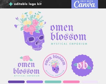 May include: A logo design kit for a business called "omen blossom" with the tagline "mystical emporium". The logo features a purple skull with a floral arrangement on top. The kit includes variations of the logo in different styles and color palettes.
