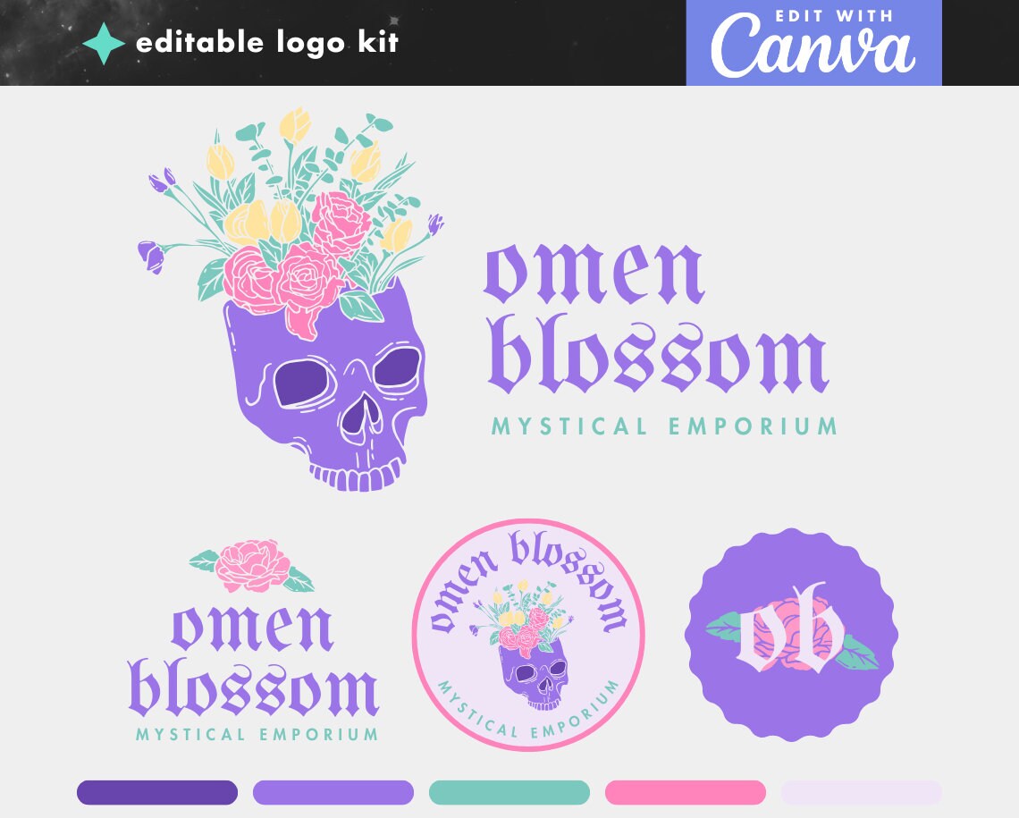 DIY Canva Logo Template - Floral Skull Editable Logo - Colorful Pastel ...