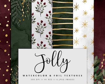 Jolly Christmas Gold Foil Watercolor Digital Paper, Holiday Digital Paper, Watercolor Background, Printable, Instant Download,Commercial Use