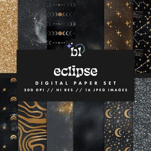 Zwart en goud Galaxy digitaal papier, hemelse patronen, ruimte plakboek, sterrenbeeld achtergrond, naadloze textuur, Instant Download