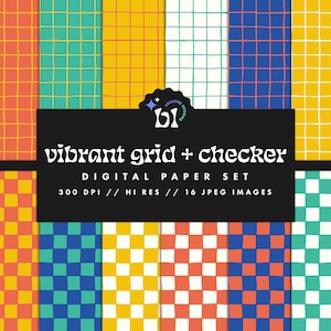 May include: A digital paper set featuring a variety of colorful grid and checkerboard patterns. The designs include blue, orange, yellow, and white, with a handwritten style. The set includes 16 JPEG images at 300 DPI.