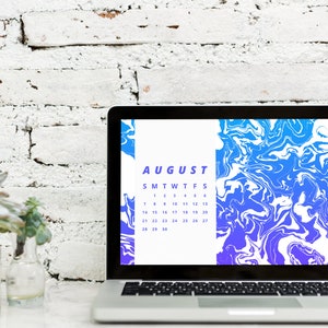 May include: A laptop computer with a white background and a blue and white abstract design. The screen displays a calendar for the month of August.