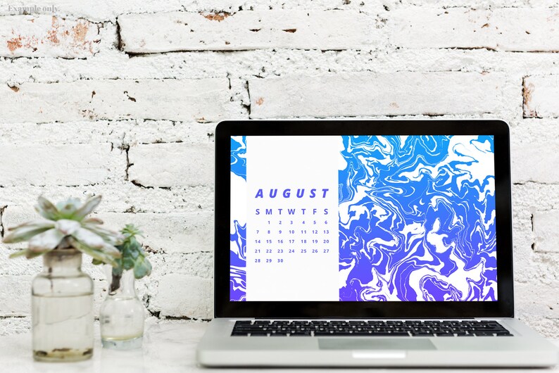 May include: A laptop computer with a white background and a blue and white abstract design. The screen displays a calendar for the month of August.