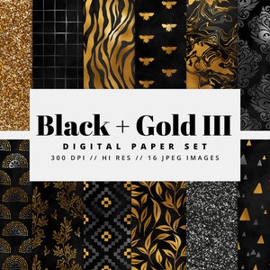 Black and Gold Foil Digital Paper, Seamless Metallic Textures, Elegant Glam Backgrounds, Printable Scrapbook, Instant Download