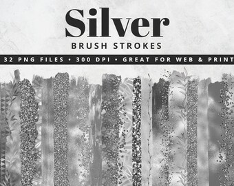 Silver Brush Strokes Clip Art, Paint Strokes, PNG, Silver Foil Brush Strokes, Watercolor Brush Strokes, Glitter, Confetti