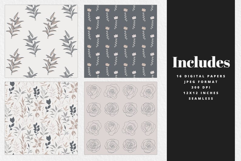Neutral Floral Digital Paper Set, Seamless Textures, Flower Patterns ...