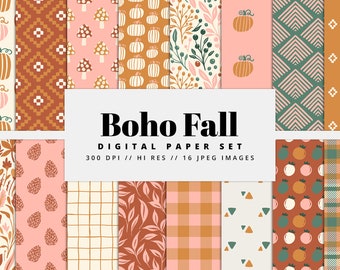 Boho Fall Digital Paper Set, Seamless Textures, Abstract Patterns, Floral Backgrounds, Trendy Patterns, Printable, Commercial Use