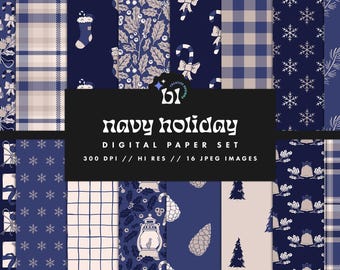 Navy Christmas Digital Paper, Holiday Seamless Textures, Christmas Patterns, Snow Backgrounds, Winter Patterns, Printable, Commercial Use