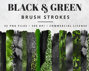 Green and Black Brush Strokes Clipart, Paint Strokes, PNG, Gold Foil Brush Strokes, Watercolor Brush Strokes, Glitter, Confetti, Clip Art