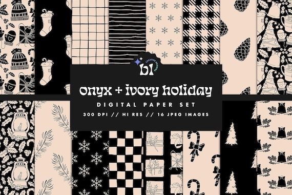 Black and Ivory Christmas Digital Paper, Holiday Patterns, Snow Backgrounds, Winter Textures, Printable Scrapbook, Instant Download